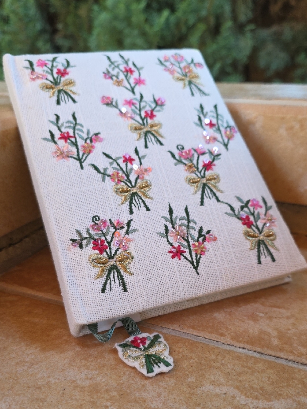 Embroidered Beaded Floral Linen Journal Cover - Pink & Gold Bouquet